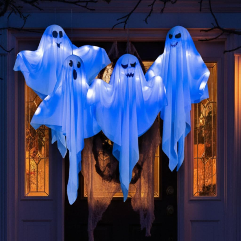 4 Pack Halloween Hanging Ghost Decorations, 27.5" Light Up Spooky Floating Ghosts with Blue LED, Outdoor & Indoor Haunted House, Porch, Yard, Party Decor, Patio Lawn Garden